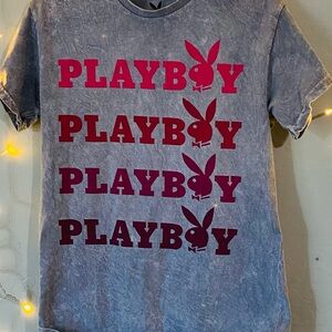 PLAYBOY Gray and Pink Short Sleeve Tee Bold Design